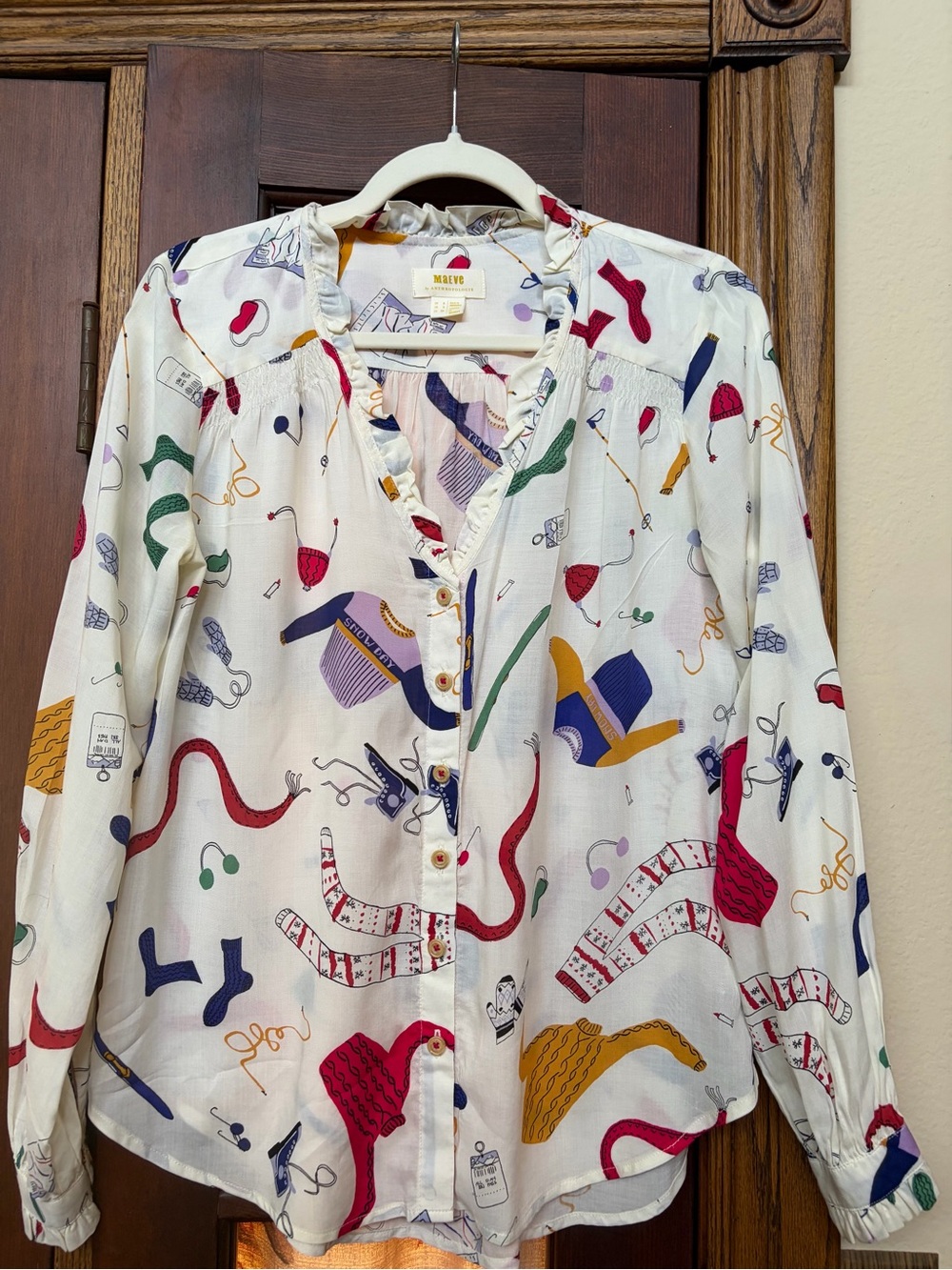 Maeve White Button-Front Blouse with Red, Blue, Green & Yellow Holiday Print